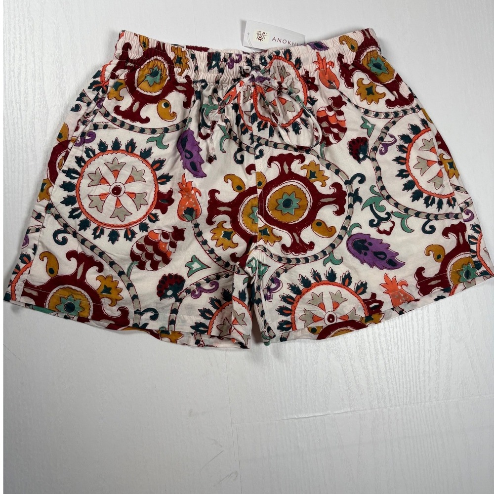 Anokhi Hand Blocked Print Cotton Shorts Cream Medallion Elastic Waist NEW Boho